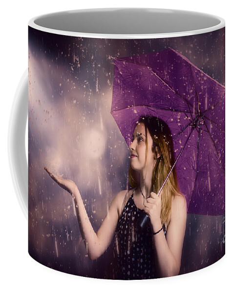 Rain Coffee Mug featuring the photograph Beautiful storm woman catching falling rain drops by Jorgo Photography