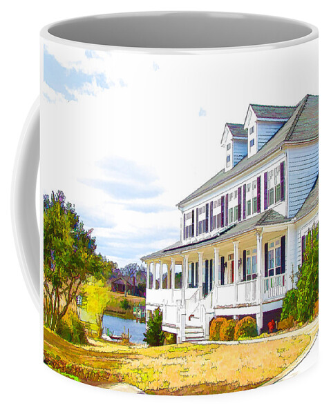 Beautiful Waterfront Home Coffee Mug featuring the painting Beautiful waterfront home 1 by Jeelan Clark