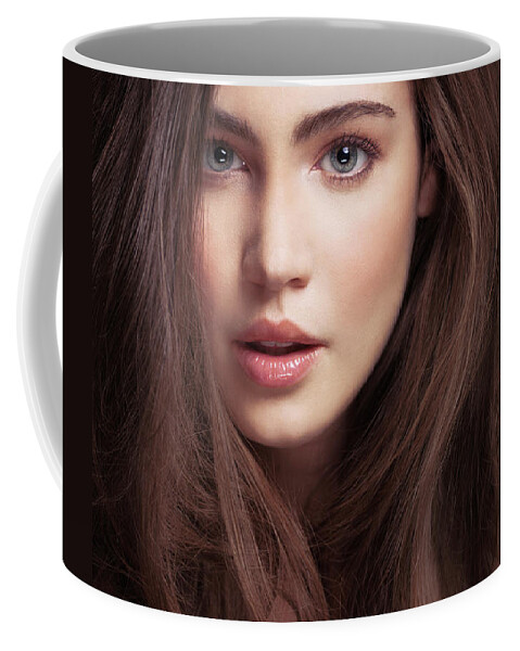Beauty Coffee Mug featuring the photograph Beauty face portrait of a young woman with long brown hair and g by Maxim Images Exquisite Prints