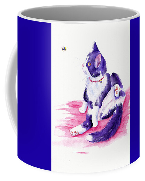 Black And White Cat Coffee Mug featuring the painting Bee Interrupted - Tuxedo Cat by Debra Hall