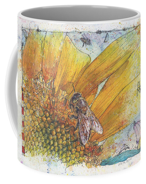 Bees Coffee Mug featuring the painting Bees and Sunflower by Petra Rau