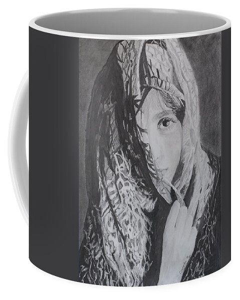 Graphite Coffee Mug featuring the drawing Behind the Veil by Quwatha Valentine