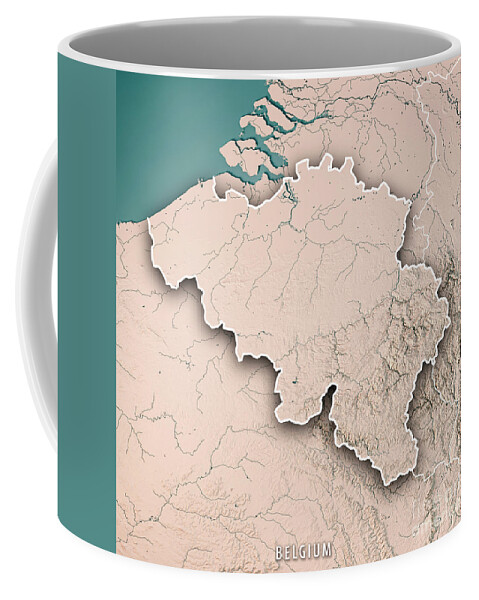 Belgium Coffee Mug featuring the digital art Belgium Country 3D Render Topographic Map Neutral Border by Frank Ramspott