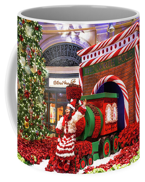Bellagio Christmas Tree Coffee Mug featuring the photograph Bellagio Christmas Tree and Train Decorations 2016 by Aloha Art