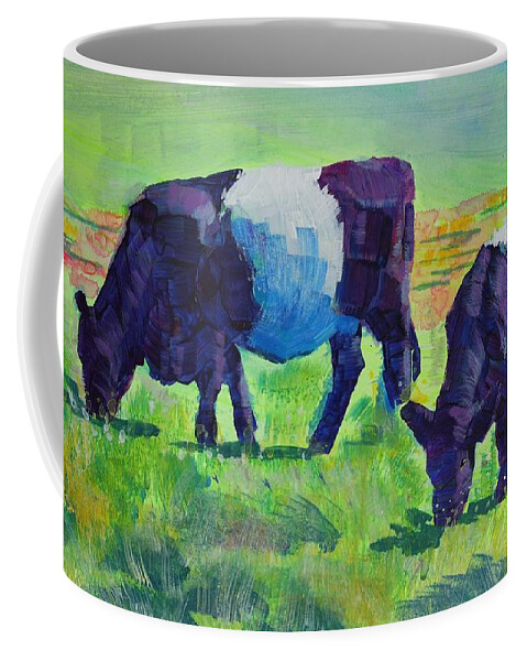 Belted Galloway Cows Coffee Mug featuring the painting Belted Galloway Cows Grazing by Mike Jory