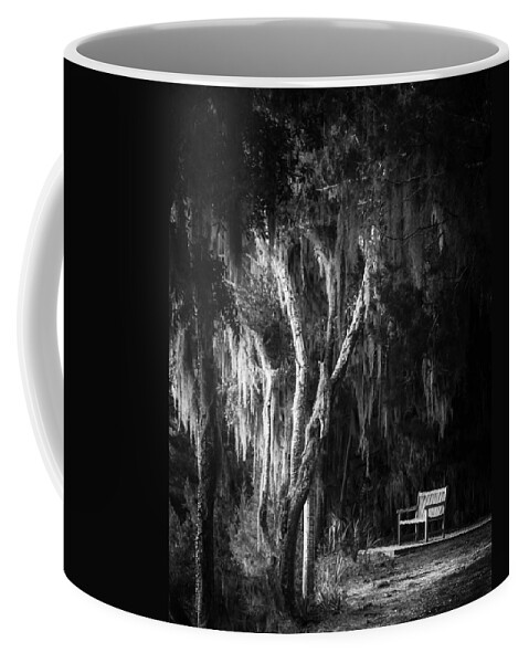 Bench Coffee Mug featuring the photograph Bench At Sunset in Black and White by Greg and Chrystal Mimbs