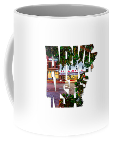 Typography Coffee Mug featuring the photograph Bentonville Arkansas - State Shape Series - Typography - A Night on the Bentonville Square by Gregory Ballos