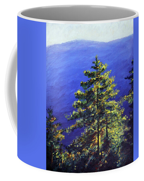 Pine Trees Coffee Mug featuring the painting Bhutan series - Pine trees and blue mountains by Uma Krishnamoorthy