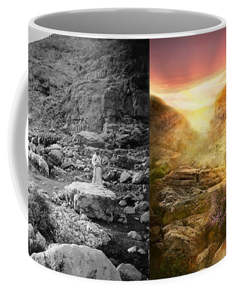 God Coffee Mug featuring the photograph Bible - Psalm 23 - Yea, though I walk through the valley 1920 - Side by Side by Mike Savad