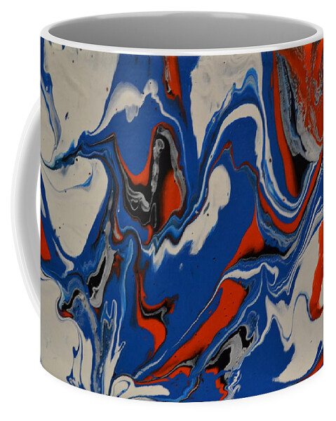 A Abstract Painting Of Large Blue Waves With White Tips. The Waves Are Picking Up Red And Black Sand From The Beach. Some Of The Blue Waves Are Curling Over. Coffee Mug featuring the painting Big Blue Waves by Martin Schmidt