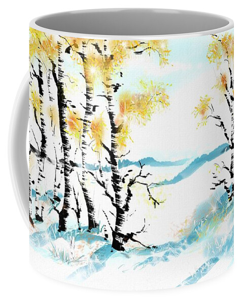 Trees Coffee Mug featuring the digital art Birch and Bunny by Debra Baldwin