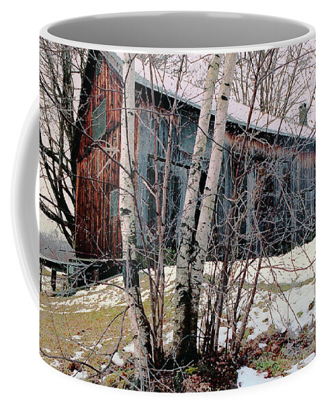 Nyoda Girls Camp Coffee Mug featuring the digital art Birch Trees with Antique Barn, Winter Dusk at Camp Nyoda 1988 by Kathy Anselmo