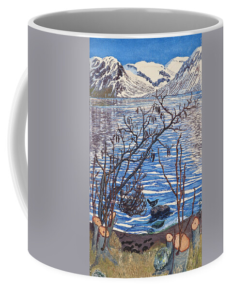 Astrup Coffee Mug featuring the painting Bird on a Stone by MotionAge Designs
