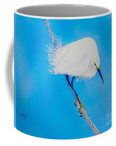 Blue Coffee Mug featuring the painting Bird on a Wire by Midge Pippel