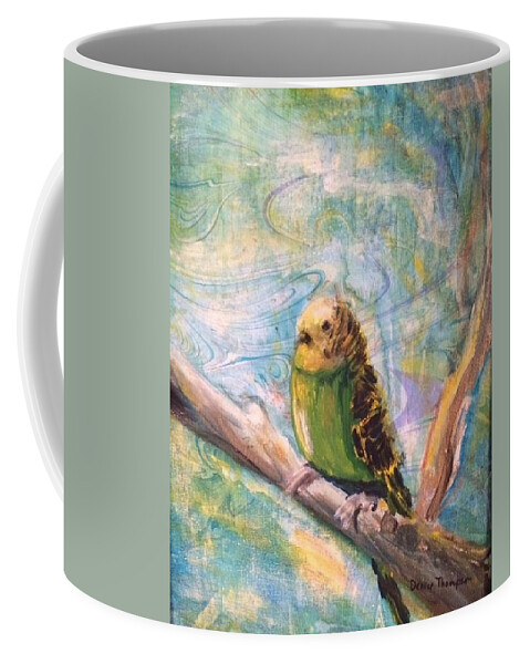 Green And Yellow Bird On Blue And Green Marbled Paper Coffee Mug featuring the painting Bird on Green Marbling by Denice Palanuk Wilson