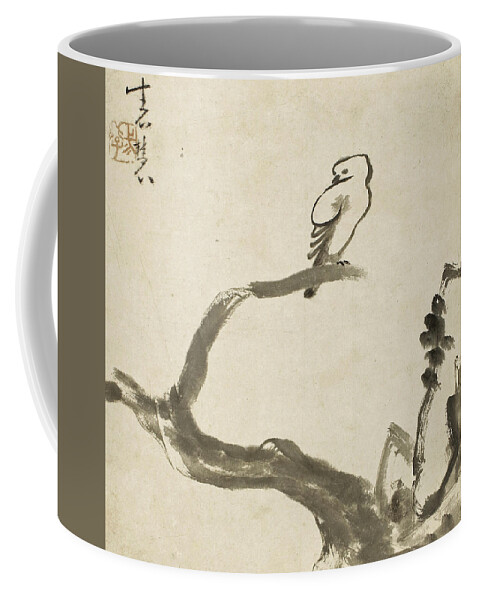 Niu Shihui Coffee Mug featuring the drawing Bird Perching on Tree Branch by Niu Shihui