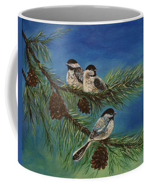 Chickadee Coffee Mug featuring the painting Birdie Paradise by Leslie Allen
