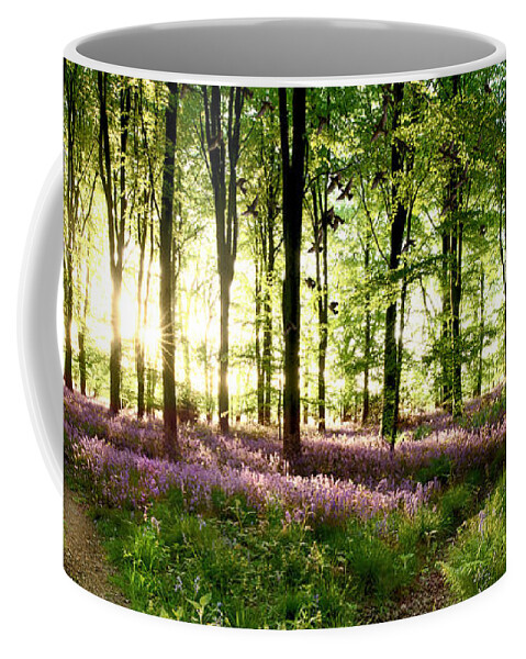 Bluebells Coffee Mug featuring the photograph Birds flying though bluebell wood by Simon Bratt