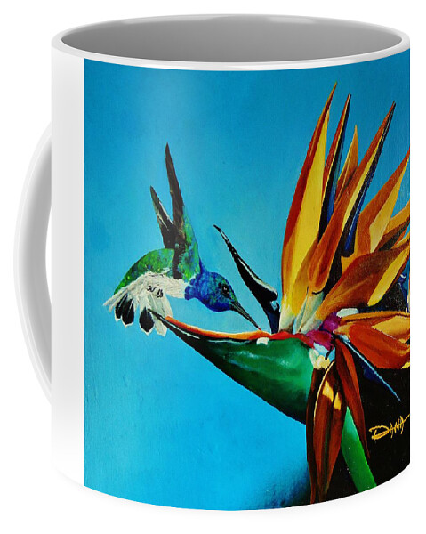 Birds Coffee Mug featuring the painting Birds of Paradise with White necked Jacobin hummingbird by Dana Newman