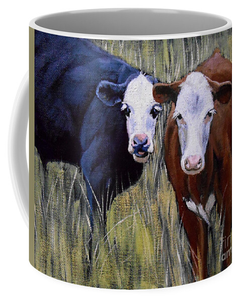 Cow Coffee Mug featuring the painting Black and Brown Cow by Christopher Shellhammer