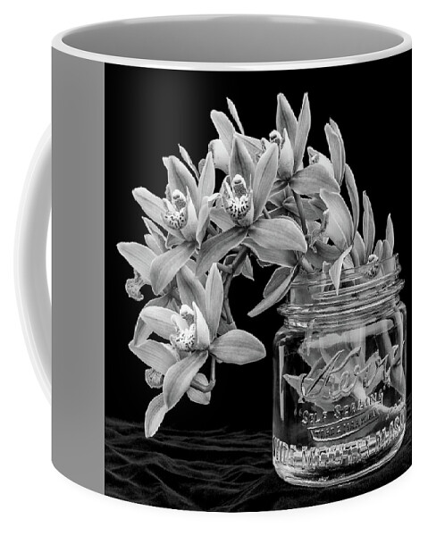 Orchid Coffee Mug featuring the photograph Black and White Orchid Antique Mason Jar by Kathy Anselmo