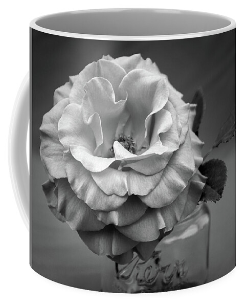 Rose Coffee Mug featuring the photograph Black and White Rose Antique Mason Jar by Kathy Anselmo