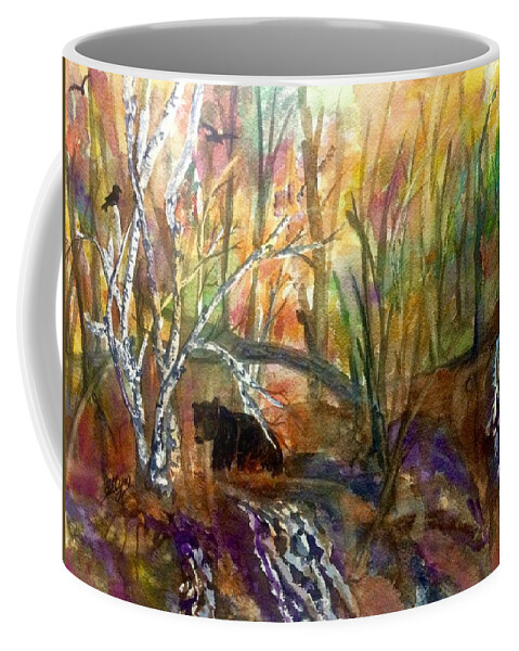 Black Bear Coffee Mug featuring the painting Black Bear in Autumn Woods by Ellen Levinson