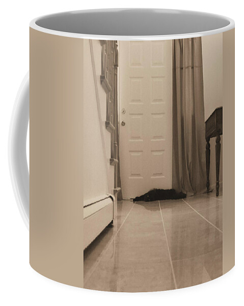 Sepia Photography Coffee Mug featuring the photograph Black Cat in Hall by Geoff Jewett
