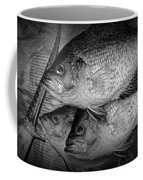 Crappie Coffee Mug featuring the photograph Black Crappie Panfish with Fish Filet Knife in Black and White by Randall Nyhof