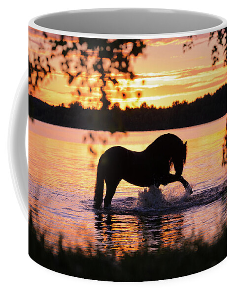 Russian Artists New Wave Coffee Mug featuring the photograph Black Horse Bathing in Sunset River by Ekaterina Druz