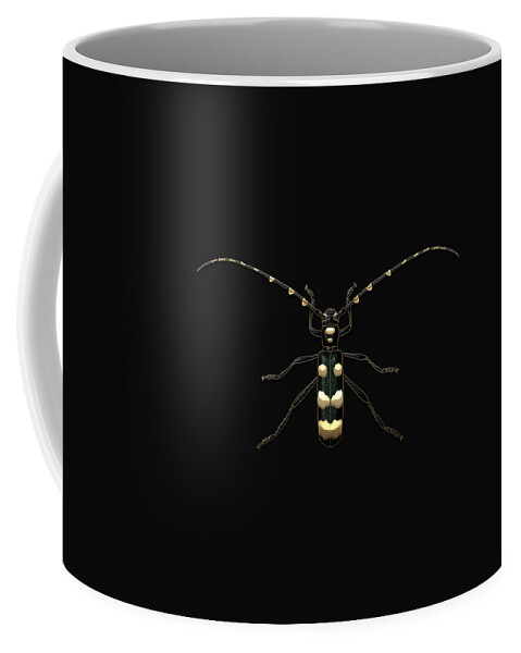 'beasts Creatures And Critters' Collection By Serge Averbukh Coffee Mug featuring the digital art Black Longhorn Beetle with Gold Accents on Black Canvas by Serge Averbukh