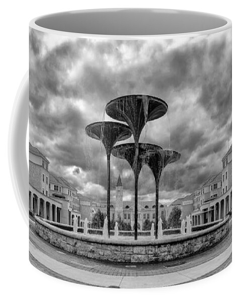 Fort Coffee Mug featuring the photograph Black White Panorama of Texas Christian University Campus Commons and Frog Fountain - Fort Worth by Silvio Ligutti