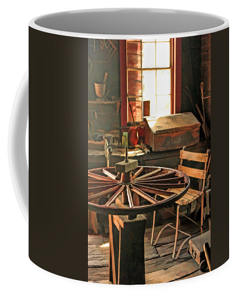 Old World Wisconsin Coffee Mug featuring the painting Blacksmith Shop Wheel Repair at Old World Wisconsin by Christopher Arndt