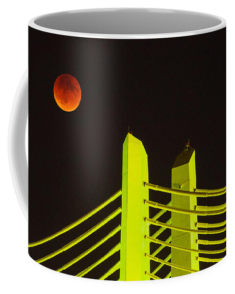 Full Super Moon Lunar Eclipse Tillikum Crossing September 27 2015 Portland Oregon Downtown Waterfront Pacific Northwest Night Telephoto Coffee Mug featuring the photograph Blood Moon Over the Tillikum Crossing by Patrick Campbell
