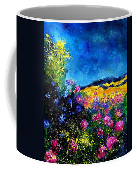 Landscape Coffee Mug featuring the painting Blue and pink flowers by Pol Ledent
