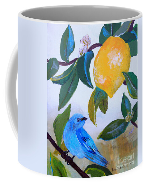 Blue Bird Coffee Mug featuring the painting Blue Bird in Lemon Tree by Robin Pedrero