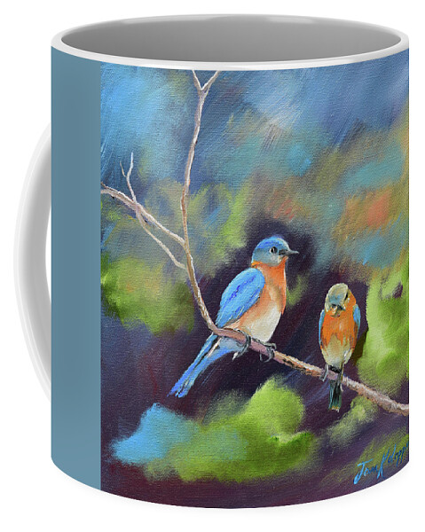 Blue Birds Coffee Mug featuring the painting Blue Birds - Soul mates by Jan Dappen