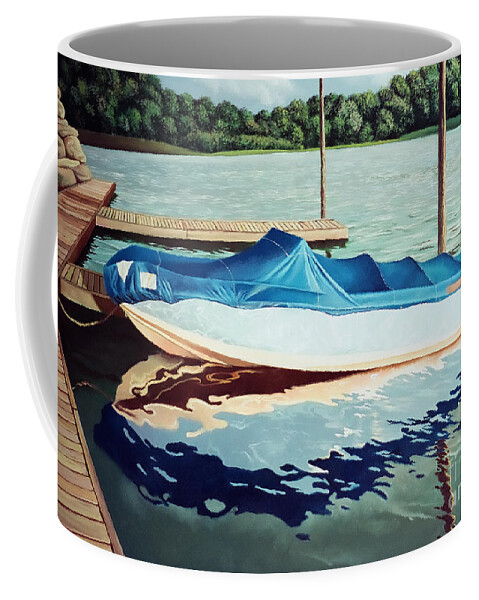 Blue Boat Coffee Mug featuring the painting Blue Boat by Christopher Shellhammer