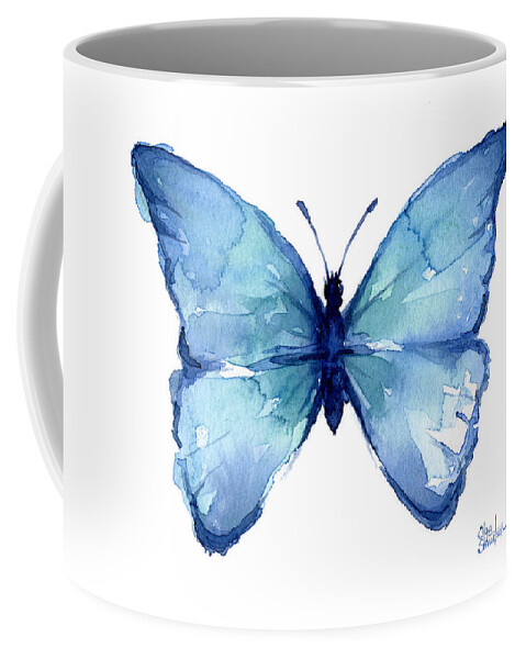 Watercolor Coffee Mug featuring the painting Blue Butterfly Watercolor by Olga Shvartsur