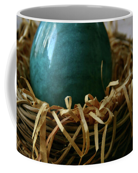 Easter Coffee Mug featuring the photograph Blue Egg Nesting by Yvonne Wright