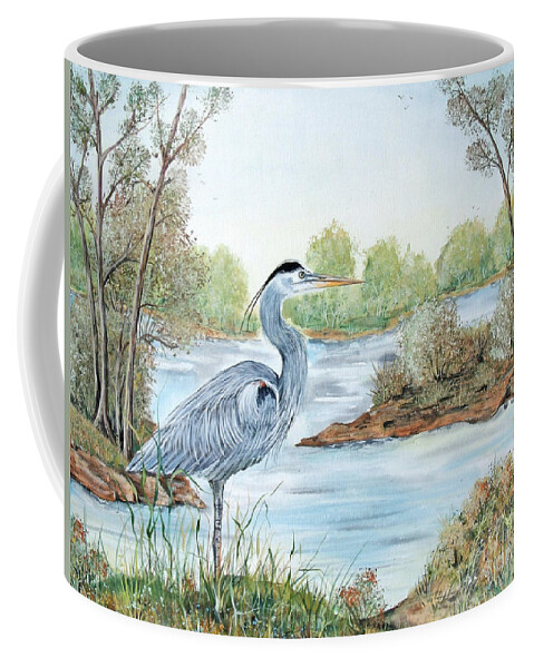 Heron Coffee Mug featuring the painting Blue Heron of the Marshlands by Jean PLout