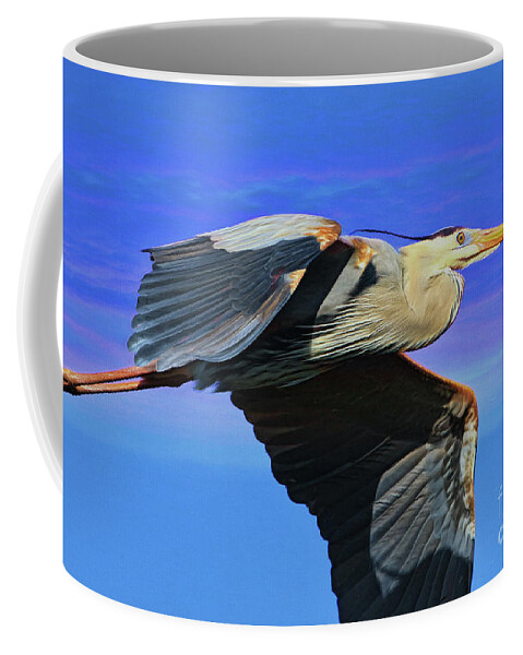 Heron Coffee Mug featuring the painting Blue Heron Series Fly by Deborah Benoit