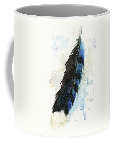 Watercolor Coffee Mug featuring the painting Blue Jay Feather Splash by Brandy Woods