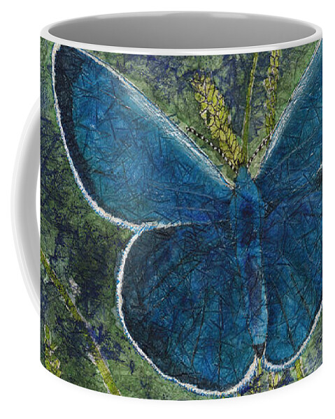 Blue Karner Butterfly Coffee Mug featuring the painting Blue Karner Butterfly Watercolor Batik by Conni Schaftenaar