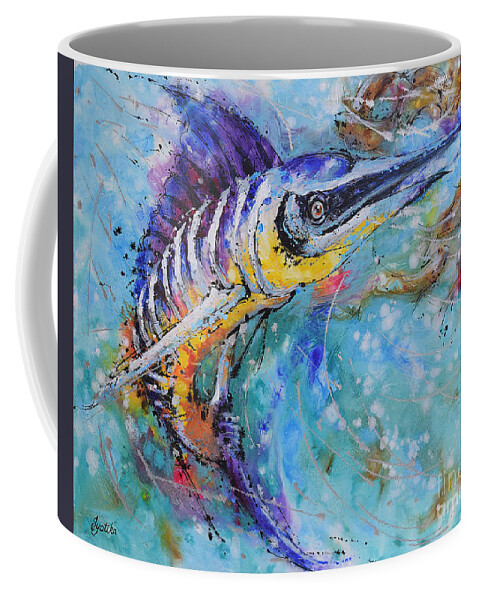 Blue Marlin's Twist Coffee Mug featuring the painting Blue Marlin's Twist by Jyotika Shroff