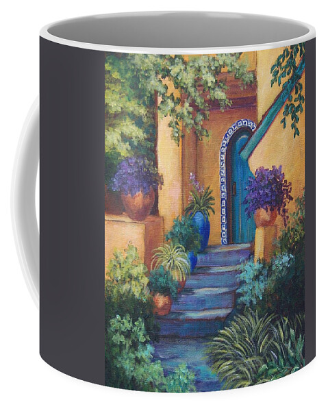 Adobe House Coffee Mug featuring the painting Blue Tile Steps by Candy Mayer