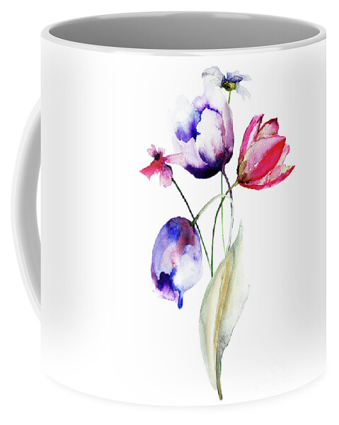 Flowers Coffee Mug featuring the painting Blue Tulips flowers with wild flowers by Regina Jershova