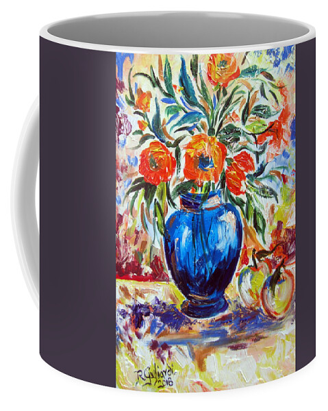 Still Life Coffee Mug featuring the painting Blue Vase Flowers and apples by Roberto Gagliardi