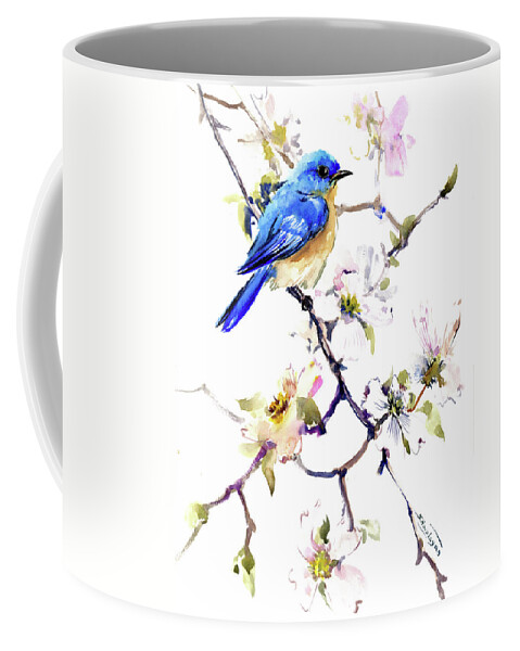 Bird Coffee Mug featuring the painting Bluebird and Dogwood by Suren Nersisyan