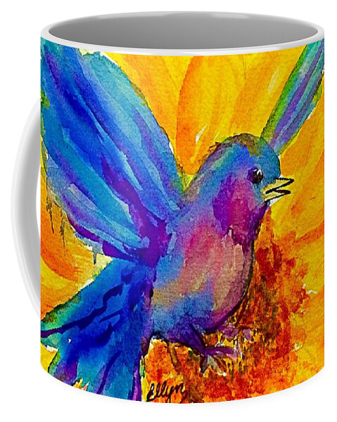 Bluebird Coffee Mug featuring the painting Bluebird on Sunflower by Ellen Levinson